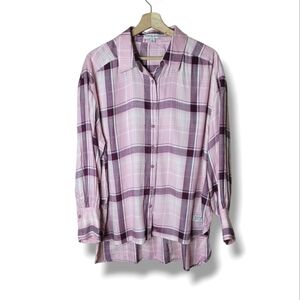 Frye & Co Pink Plaid Flannel Shirt L — Soft Button Down, Cozy High-Low Hem